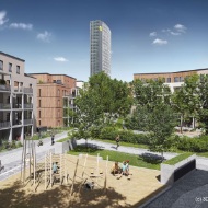 Innenhof des Arche Noah Quartiers mit Spielplatz – Wohnen in Holzhybridbauweise