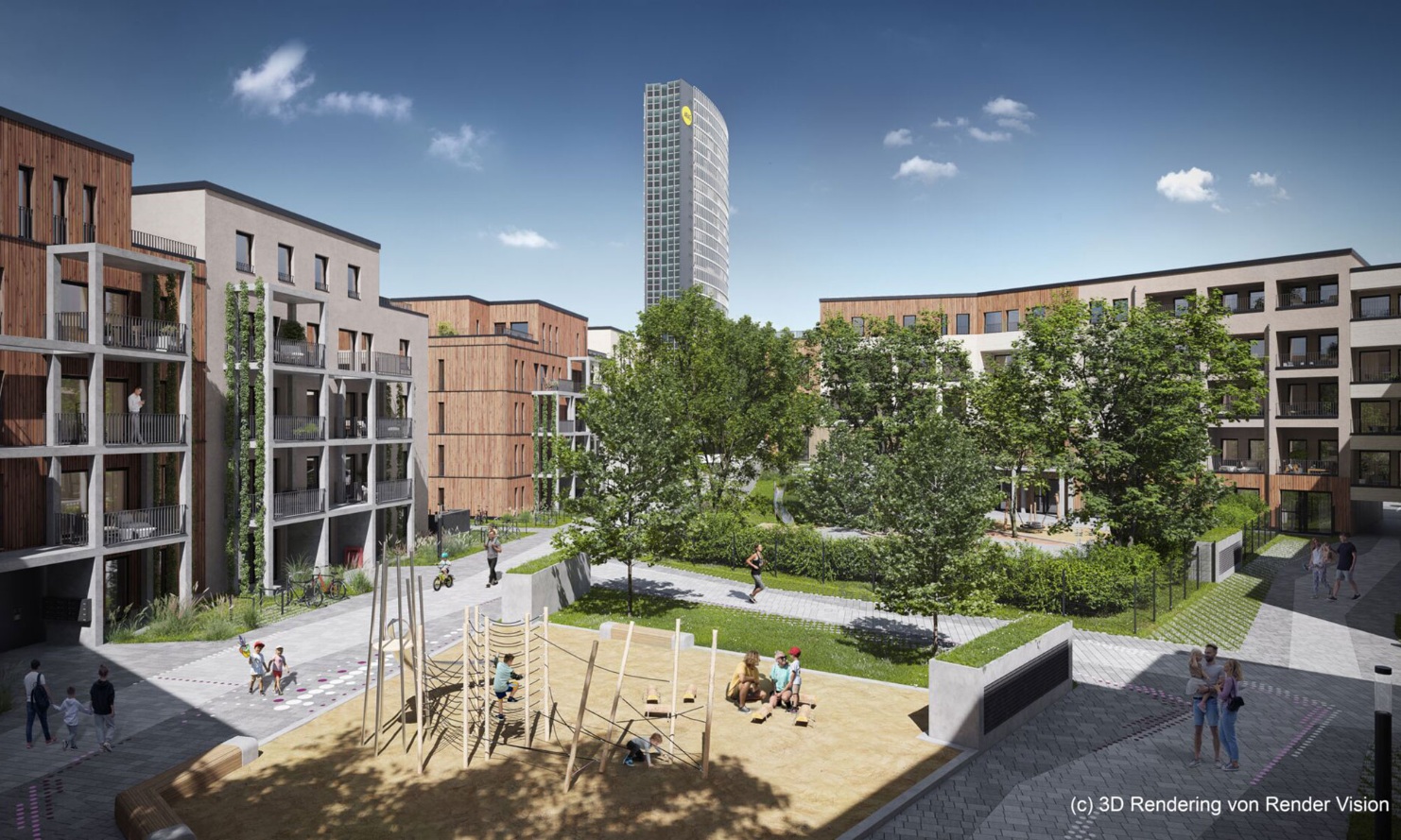 Innenhof des Arche Noah Quartiers mit Spielplatz – Wohnen in Holzhybridbauweise
